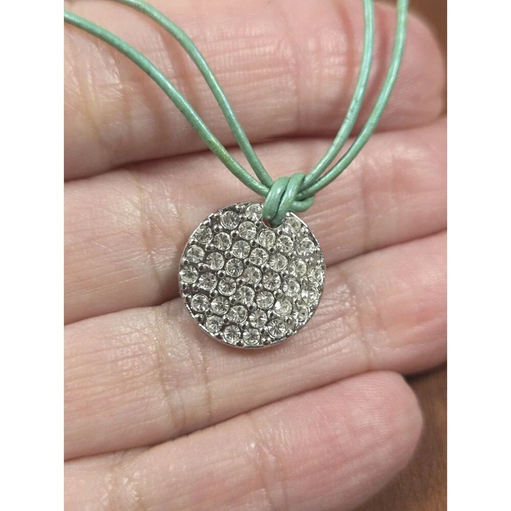 Signed LIA SOPHIA Spotlight CZ Disk Pendant ST Necklace Double Green Cord  19